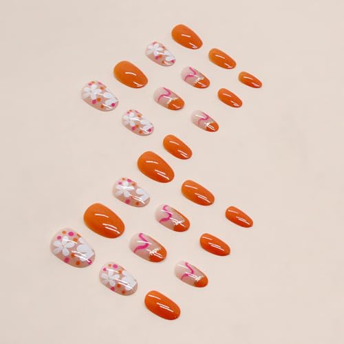 Flower Press on Nails Short Fake Nails, 24Pcs Oval Nails Cute Design Glue on Nails Glossy Orange False Nails Spring Summer Nail Art Decorations Short Almond Acrylic Nails for Women Girls