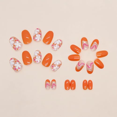 Flower Press on Nails Short Fake Nails, 24Pcs Oval Nails Cute Design Glue on Nails Glossy Orange False Nails Spring Summer Nail Art Decorations Short Almond Acrylic Nails for Women Girls