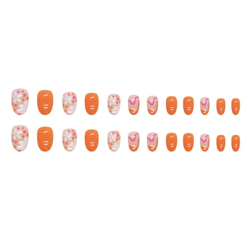 Flower Press on Nails Short Fake Nails, 24Pcs Oval Nails Cute Design Glue on Nails Glossy Orange False Nails Spring Summer Nail Art Decorations Short Almond Acrylic Nails for Women Girls