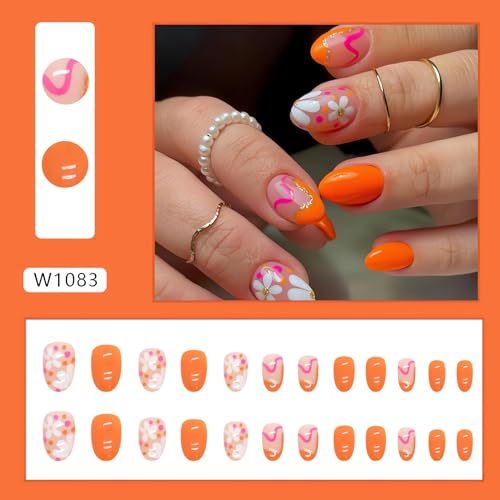 Flower Press on Nails Short Fake Nails, 24Pcs Oval Nails Cute Design Glue on Nails Glossy Orange False Nails Spring Summer Nail Art Decorations Short Almond Acrylic Nails for Women Girls