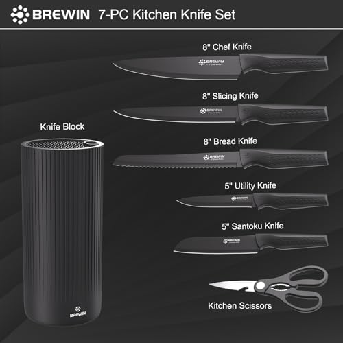 Brewin Knife Set, Kitchen Knife Set, Knives Set for Kitchen with Universal Knife Block, Utility Knife Block Set, Dishwasher Safe. Premium German Stainless Steel, The Best Gift, Black