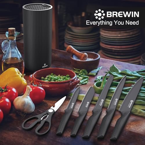 Brewin Knife Set, Kitchen Knife Set, Knives Set for Kitchen with Universal Knife Block, Utility Knife Block Set, Dishwasher Safe. Premium German Stainless Steel, The Best Gift, Black