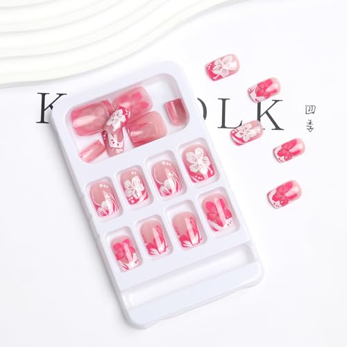 Flower Press on Nails Medium Square Pink White French Tip Fake Nails Pink White Flower Spring Summer Press on Nails for Women Acrylic Manicure Art False Nails Glue on Nails Kit 24Pcs