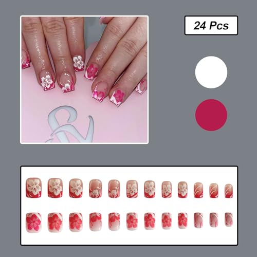 Flower Press on Nails Medium Square Pink White French Tip Fake Nails Pink White Flower Spring Summer Press on Nails for Women Acrylic Manicure Art False Nails Glue on Nails Kit 24Pcs