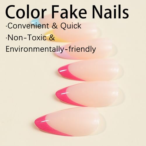 Colorful Tips Press on Nails Medium Almond Fake Nails with Designs French Dopamine Style Pink Nude Full Cover Acrylic Artificial Spring Oval False Nails Summer Glue on Nails for Women and Girls 24Pcs