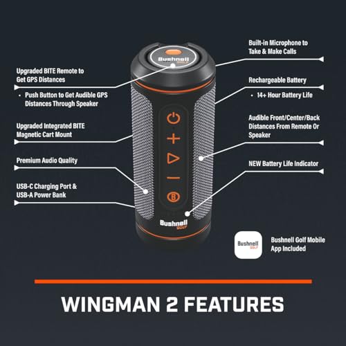 Bushnell Wingman 2 Golf Speaker with GPS (2024) | Remote Controlled Voice GPS Distances, Music, 40,000+ Courses, BITE Magnetic Cart Mount - Bundle with PlayBetter Protective Wingman Pouch