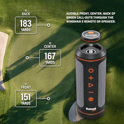 Bushnell Wingman 2 Golf Speaker with GPS (2024) | Remote Controlled Voice GPS Distances, Music, 40,000+ Courses, BITE Magnetic Cart Mount - Bundle with PlayBetter Protective Wingman Pouch