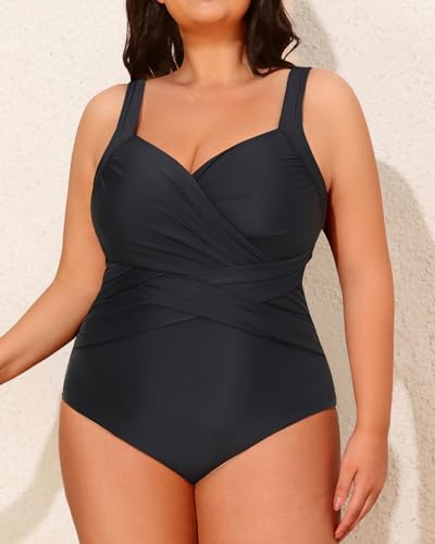 Tempt Me Plus Size One Piece Swimsuits for Women Tummy Control Retro Bathing Suit Cross Front Swimwear