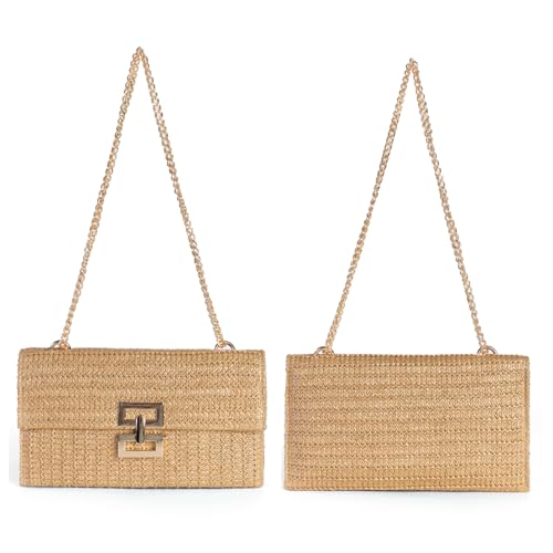 Straw Clutch Purses Women Summer Beach Handbags Boho Woven Envelope Wallet Fold Over Chain Crossbody Shoulder Bag Evening Bag