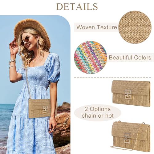 Straw Clutch Purses Women Summer Beach Handbags Boho Woven Envelope Wallet Fold Over Chain Crossbody Shoulder Bag Evening Bag