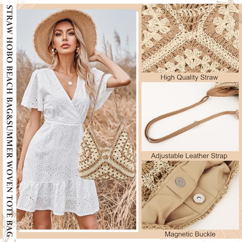 Straw Hobo Beach Bag for Women Girls, Woven Tote Bag Summer Crochet Shoulder Bag,Vintage Foldable Handbag for Travel