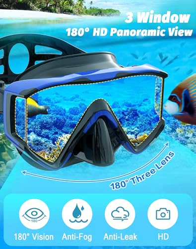 Greatever Snorkel Set Pano 3 Window Snorkel Mask Adult, Panoramic Wide View, Anti-Fog Scuba Diving Mask, Anti-Leak Snorkel Goggles Dry Top Snorkel, Professional Snorkeling Gear for Adults