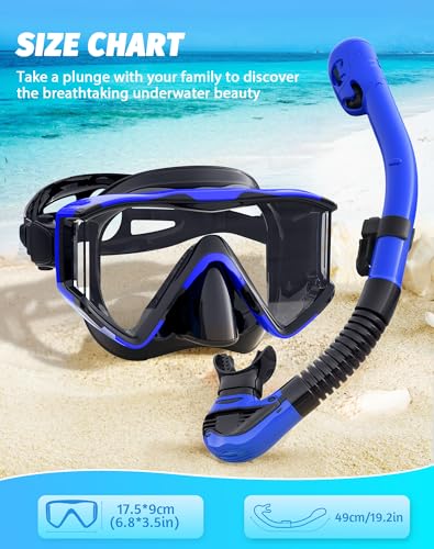 Greatever Snorkel Set Pano 3 Window Snorkel Mask Adult, Panoramic Wide View, Anti-Fog Scuba Diving Mask, Anti-Leak Snorkel Goggles Dry Top Snorkel, Professional Snorkeling Gear for Adults