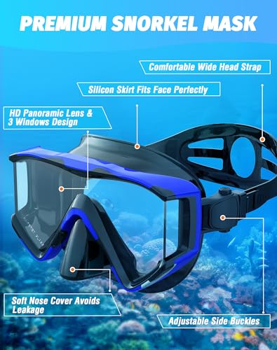 Greatever Snorkel Set Pano 3 Window Snorkel Mask Adult, Panoramic Wide View, Anti-Fog Scuba Diving Mask, Anti-Leak Snorkel Goggles Dry Top Snorkel, Professional Snorkeling Gear for Adults