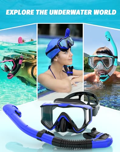 Greatever Snorkel Set Pano 3 Window Snorkel Mask Adult, Panoramic Wide View, Anti-Fog Scuba Diving Mask, Anti-Leak Snorkel Goggles Dry Top Snorkel, Professional Snorkeling Gear for Adults