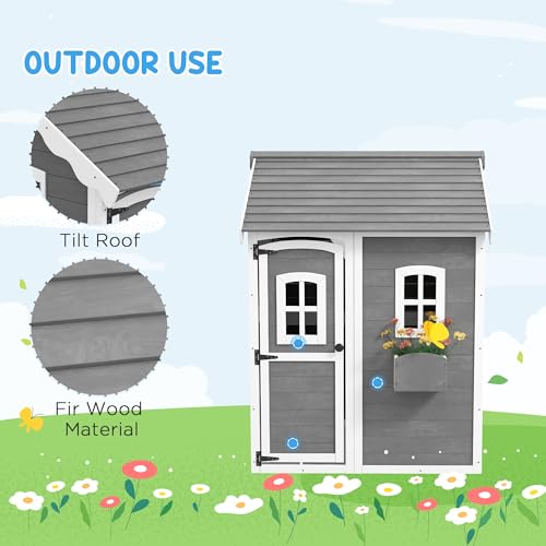 Outsunny Playhouse for Kids, Outdoor Wooden Playhouse with Floor, Door, Windows & Planter Box for 3-8 Year Olds, Backyard, Lawn, Garden, Gray