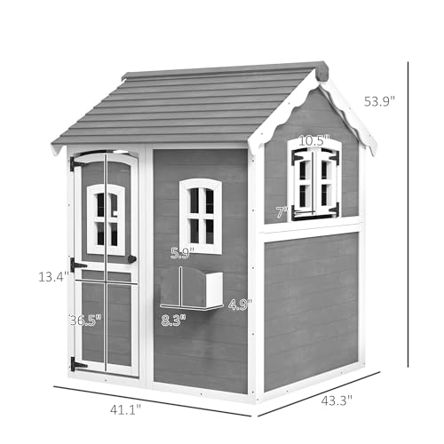 Outsunny Playhouse for Kids, Outdoor Wooden Playhouse with Floor, Door, Windows & Planter Box for 3-8 Year Olds, Backyard, Lawn, Garden, Gray