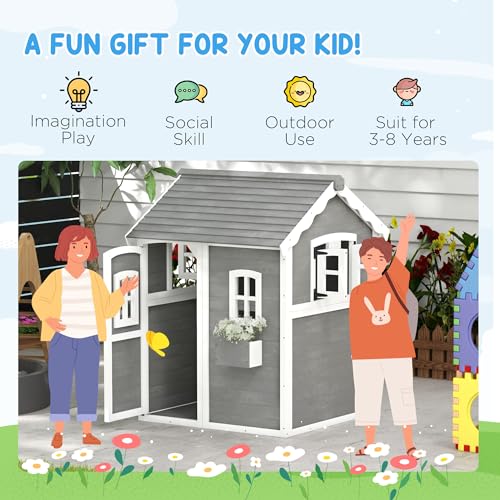 Outsunny Playhouse for Kids, Outdoor Wooden Playhouse with Floor, Door, Windows & Planter Box for 3-8 Year Olds, Backyard, Lawn, Garden, Gray