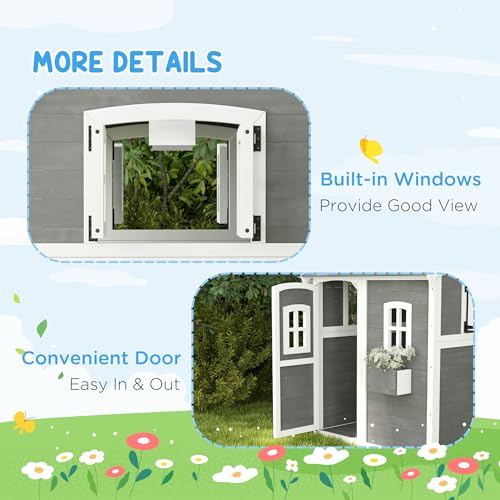 Outsunny Playhouse for Kids, Outdoor Wooden Playhouse with Floor, Door, Windows & Planter Box for 3-8 Year Olds, Backyard, Lawn, Garden, Gray