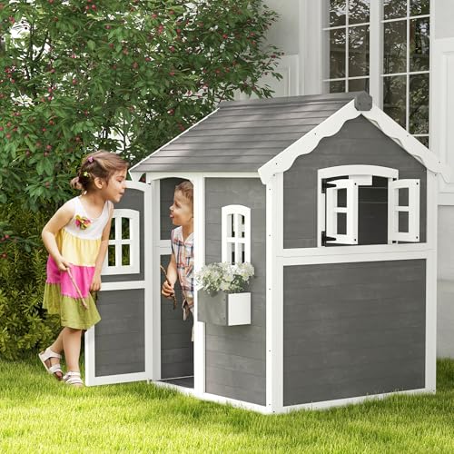 Outsunny Playhouse for Kids, Outdoor Wooden Playhouse with Floor, Door, Windows & Planter Box for 3-8 Year Olds, Backyard, Lawn, Garden, Gray