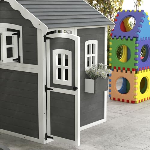 Outsunny Playhouse for Kids, Outdoor Wooden Playhouse with Floor, Door, Windows & Planter Box for 3-8 Year Olds, Backyard, Lawn, Garden, Gray