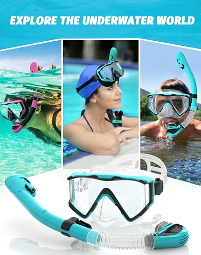 Greatever Snorkel Set Pano 3 Window Snorkel Mask Adult, Panoramic Wide View, Anti-Fog Scuba Diving Mask, Anti-Leak Snorkel Goggles Dry Top Snorkel, Professional Snorkeling Gear for Adults