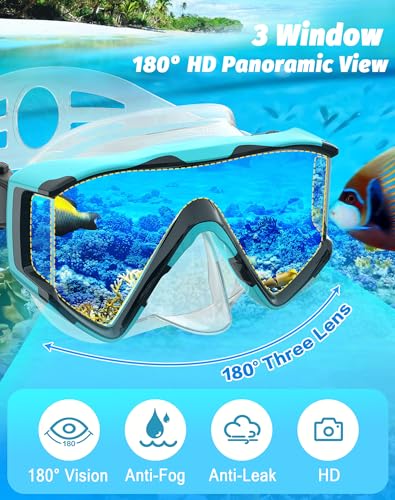 Greatever Snorkel Set Pano 3 Window Snorkel Mask Adult, Panoramic Wide View, Anti-Fog Scuba Diving Mask, Anti-Leak Snorkel Goggles Dry Top Snorkel, Professional Snorkeling Gear for Adults