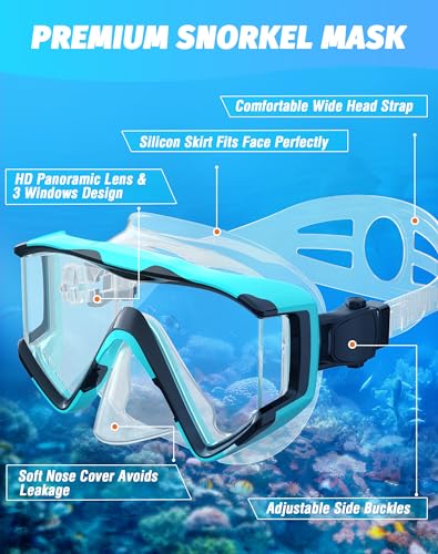 Greatever Snorkel Set Pano 3 Window Snorkel Mask Adult, Panoramic Wide View, Anti-Fog Scuba Diving Mask, Anti-Leak Snorkel Goggles Dry Top Snorkel, Professional Snorkeling Gear for Adults