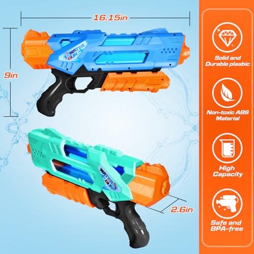 Super Water Guns for Kids Adults - 2 Pack Super Water Blaster Soaker Squirt Water Toy Guns 1200cc with Excellent Range - Gift Toys for Summer Outdoor Swimming Pool Water Fighting Play (Blue Green)