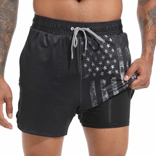 Mens Swim Trunks with Compression Liner 5.5" Board Shorts with Zipper Pockets 2 in 1 Quick Dry Bathing Suits