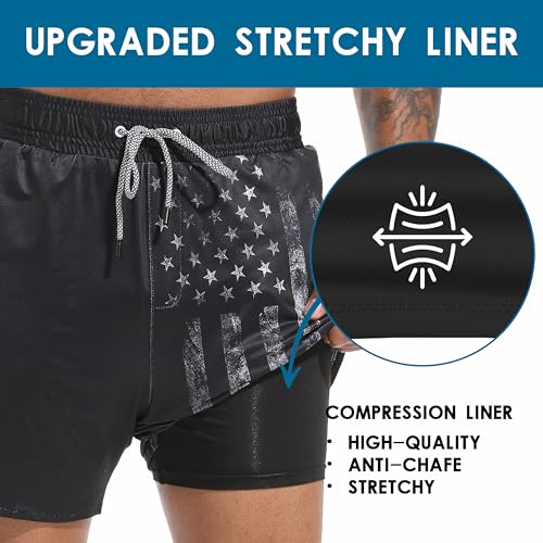 Mens Swim Trunks with Compression Liner 5.5" Board Shorts with Zipper Pockets 2 in 1 Quick Dry Bathing Suits