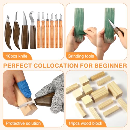 42PCS Wood Carving Kit for Beginners,14 Basswood, Wood Whittling Kits for Beginner and Kids, Wood Carving Tools with Safety Protection. 10pcs Wood Carving Knife with 14pcs Wood Block.