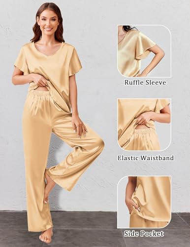 Ekouaer Silk Pajamas Satin 2 Piece Short Sleeve Top and Long Pants Pj Sets Silky Sleepwear Loungewear Khaki Large