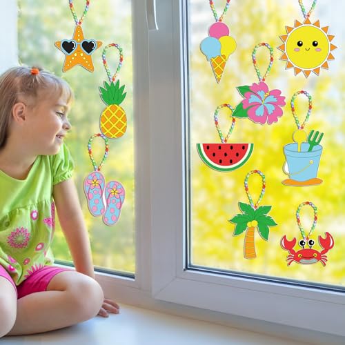 Dunzoom 30 Set Summer Window Art Suncatchers Kits Summer Beach Fruit DIY Suncatchers Craft Kits Make Your Own Suncatcher Paint Suncatchers Ornaments for Boys Girls Craft Painting Art Activity