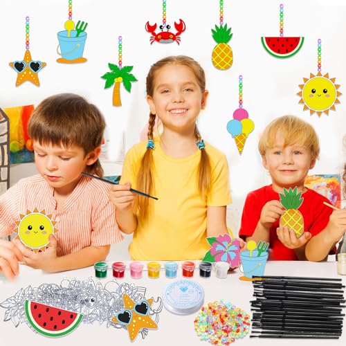 Dunzoom 30 Set Summer Window Art Suncatchers Kits Summer Beach Fruit DIY Suncatchers Craft Kits Make Your Own Suncatcher Paint Suncatchers Ornaments for Boys Girls Craft Painting Art Activity