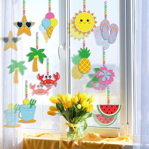 Dunzoom 30 Set Summer Window Art Suncatchers Kits Summer Beach Fruit DIY Suncatchers Craft Kits Make Your Own Suncatcher Paint Suncatchers Ornaments for Boys Girls Craft Painting Art Activity