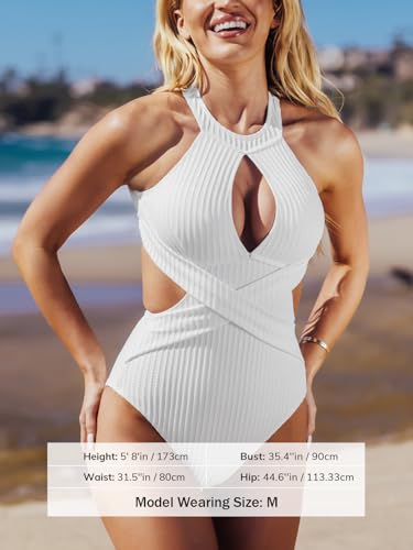 CUPSHE Women's One Piece Swimsuit High Neck Cutout Ribbed Texture Back Hook Hollow Wrapped