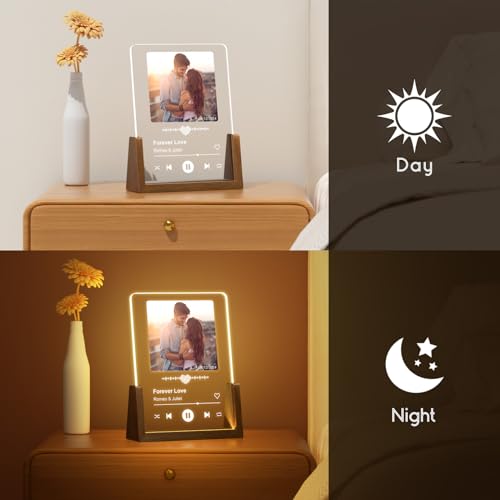 LUCKOR Personalized Birthday Gifts for Men Women, Custom Anniversary Spotify Plaque Gifts for Boyfriend Girlfriend Couple, Customized LED Walnut Picture Frame for Her Him Friends