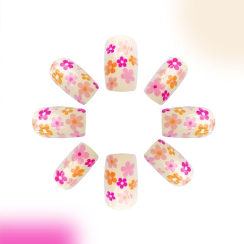 Coffin Shaped Press on Nails Short Square White Fake Nails with Flowers Designs Full Cover Stick on Nails Spring Summer Small Floral Acrylic False Nails Cute Glue on Nails for Women 24Pcs