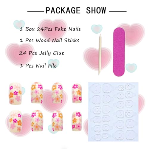 Coffin Shaped Press on Nails Short Square White Fake Nails with Flowers Designs Full Cover Stick on Nails Spring Summer Small Floral Acrylic False Nails Cute Glue on Nails for Women 24Pcs