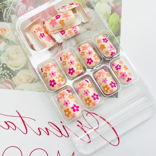 Coffin Shaped Press on Nails Short Square White Fake Nails with Flowers Designs Full Cover Stick on Nails Spring Summer Small Floral Acrylic False Nails Cute Glue on Nails for Women 24Pcs