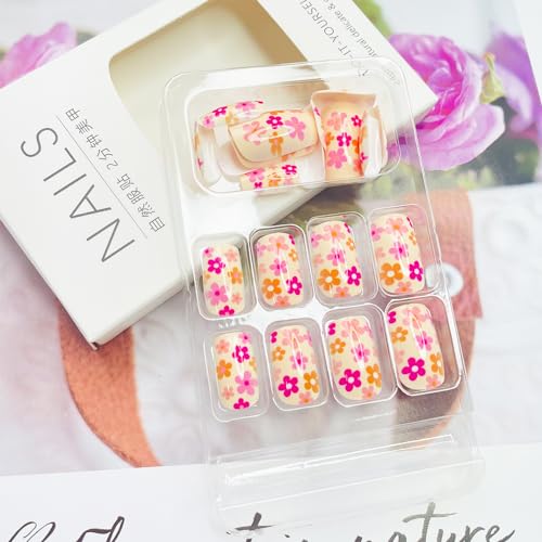 Coffin Shaped Press on Nails Short Square White Fake Nails with Flowers Designs Full Cover Stick on Nails Spring Summer Small Floral Acrylic False Nails Cute Glue on Nails for Women 24Pcs