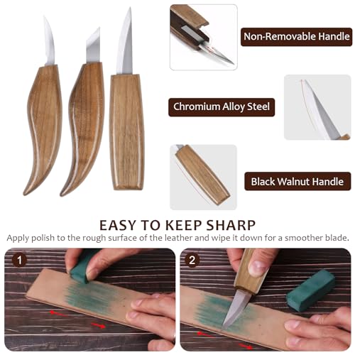 Ninonly 17Pcs Wood Carving Tools, Wood Carving Kit for Beginner, Wood Whittling Kit with 6Pcs Carbon Steel Wood Carving Knife, Gloves Wood Carving Set Knife Sharpener for Spoon Bowl Kuksa Cup