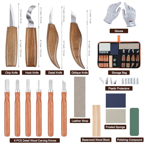 Ninonly 17Pcs Wood Carving Tools, Wood Carving Kit for Beginner, Wood Whittling Kit with 6Pcs Carbon Steel Wood Carving Knife, Gloves Wood Carving Set Knife Sharpener for Spoon Bowl Kuksa Cup