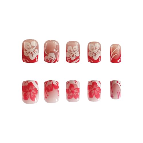 Short Press on Nails Square French Tip Fake Nails Full Cover Pink White Flower False Nails with Designs Glossy Glue on Nails Spring Summer Acrylic Nails Artificial Nails for Women Girls 24Pcs