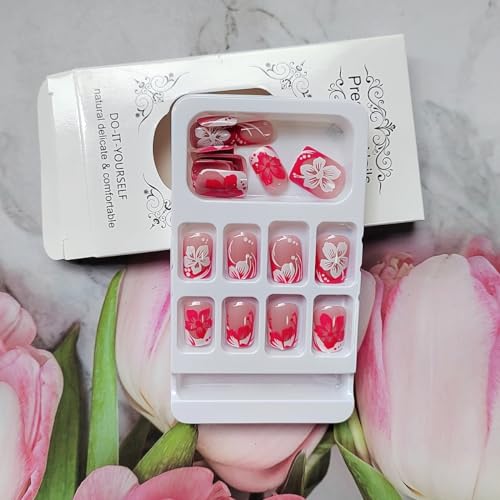 Short Press on Nails Square French Tip Fake Nails Full Cover Pink White Flower False Nails with Designs Glossy Glue on Nails Spring Summer Acrylic Nails Artificial Nails for Women Girls 24Pcs