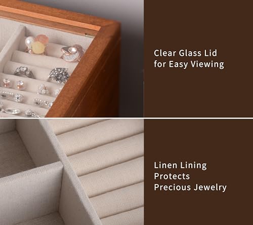 Clasin Home Jewelry Box with Glass Lid, 2 Layer Jewelry Organizer for Women, Solid Wooden Jewelry Box Display for Ring Earrings Necklace Bracelet, Pine Wood Jewelry Boxes Vintage Style for Gifts