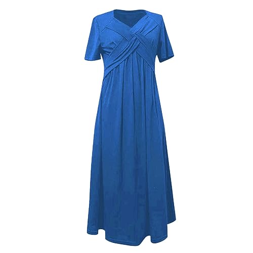 Womens Beach Dresses for Wedding Guest Crisscross Twist Front V Neck Casual Short Sleeve Long Maxi Dress with Pockets