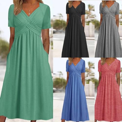 Womens Beach Dresses for Wedding Guest Crisscross Twist Front V Neck Casual Short Sleeve Long Maxi Dress with Pockets