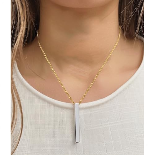 Personalized Vertical Bar Necklace for Women 4 Sides Engraved Custom 18K Gold Plated,Name Necklace 925 Sterling Silver Customized Jewelry Christmas Gifts for Mom